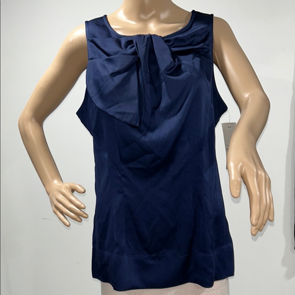 NY Collection Blue Tie Front Bib Collar Blouse